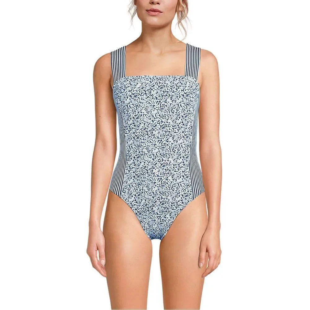 Land's End one piece square neck high leg wide strap swim Ditsy floral stripe 12 - Picture 1 of 5